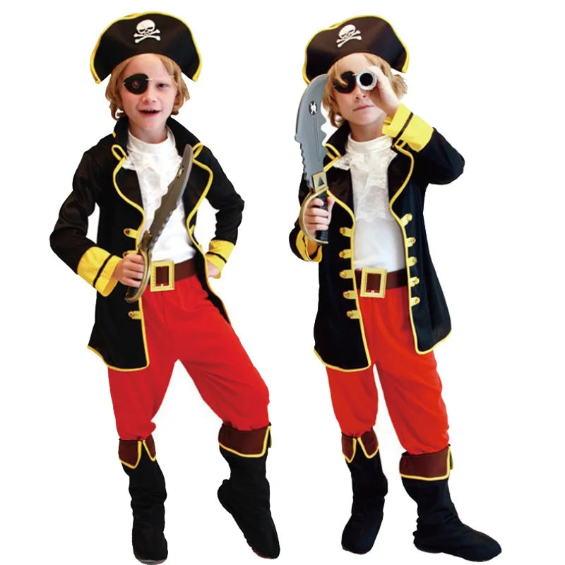 Kids pirate costume: black jacket with yellow trim, red pants, pirate hat, toy sword