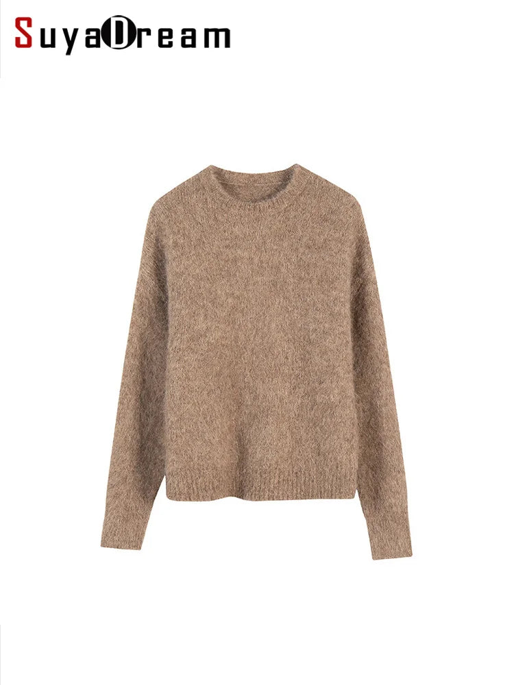 Women’s alpaca pullover sweater in camel-beige, crew neck, long sleeves, relaxed fit