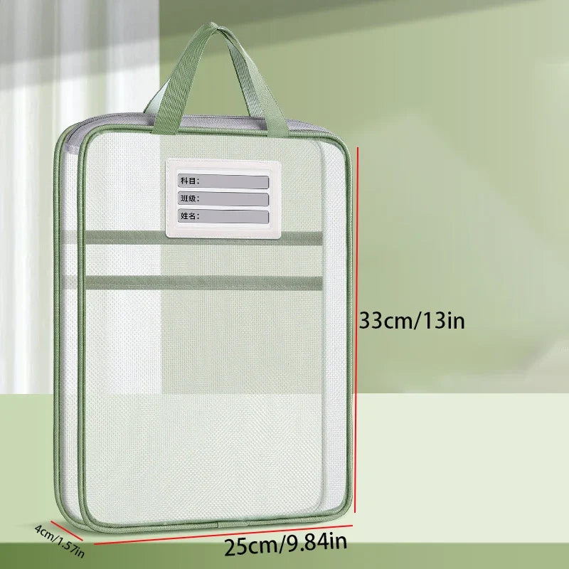Green-trim mesh stationery storage bag with top handle and front label window