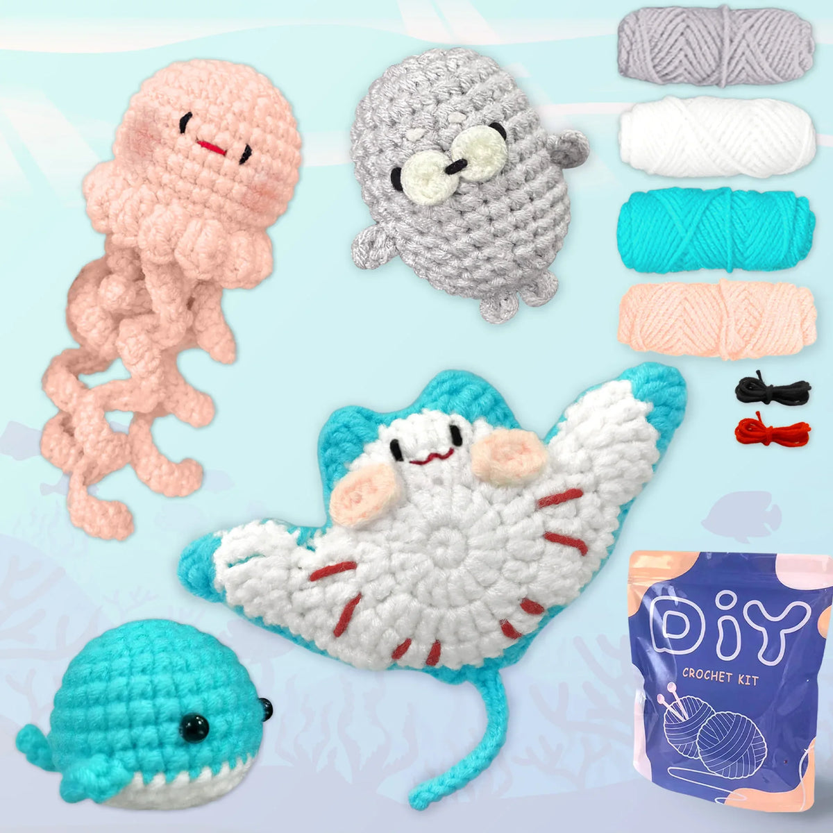 Crochet animal set with multiple finished figures and yarn skeins