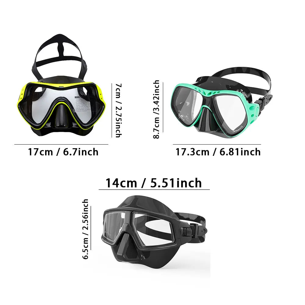 Black adult scuba mask goggles with yellow trim, tempered glass lenses, adjustable head strap.