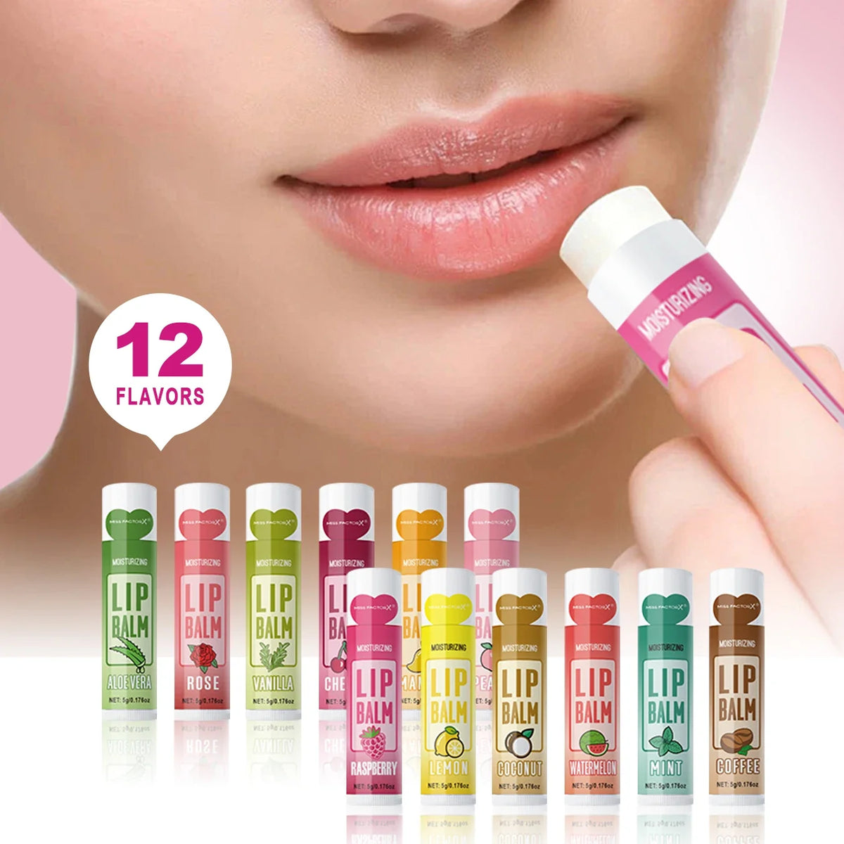 Lip balm flavors assortment with 12 mini tubes and close-up of lips