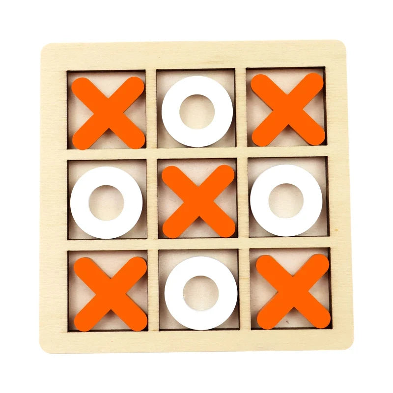 Wooden tic-tac-toe board with orange X pieces and white O rings