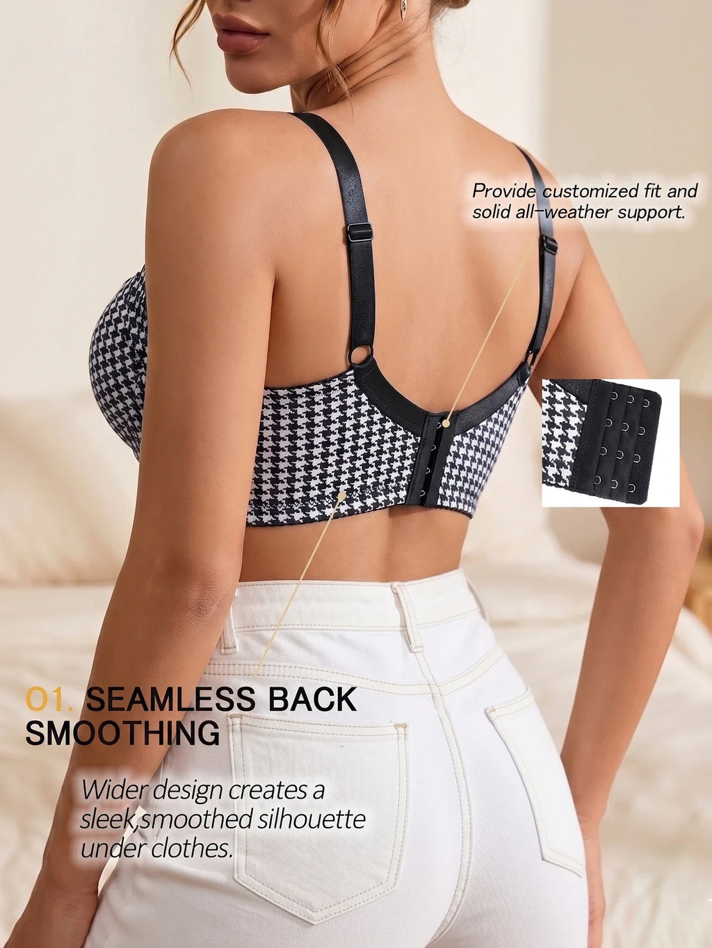 Blue houndstooth bra showing adjustable straps and back closure, smooth-back fit.