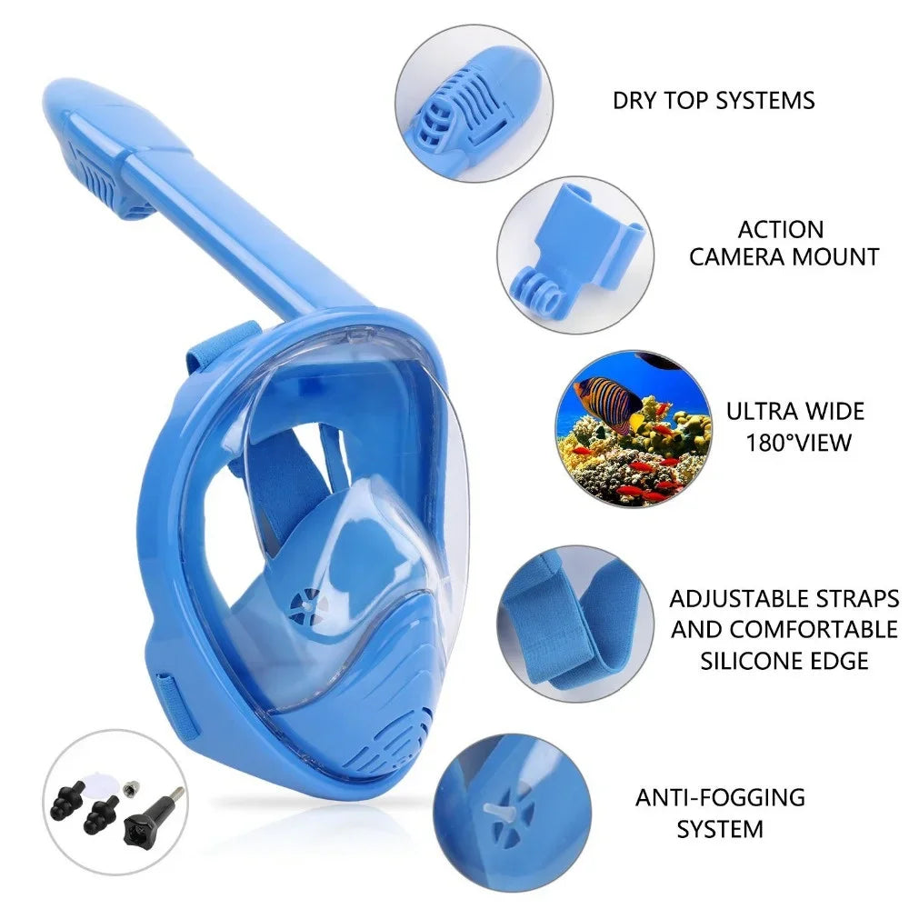 Blue full-face snorkeling mask with snorkel tube, adjustable straps, and anti-fog lens