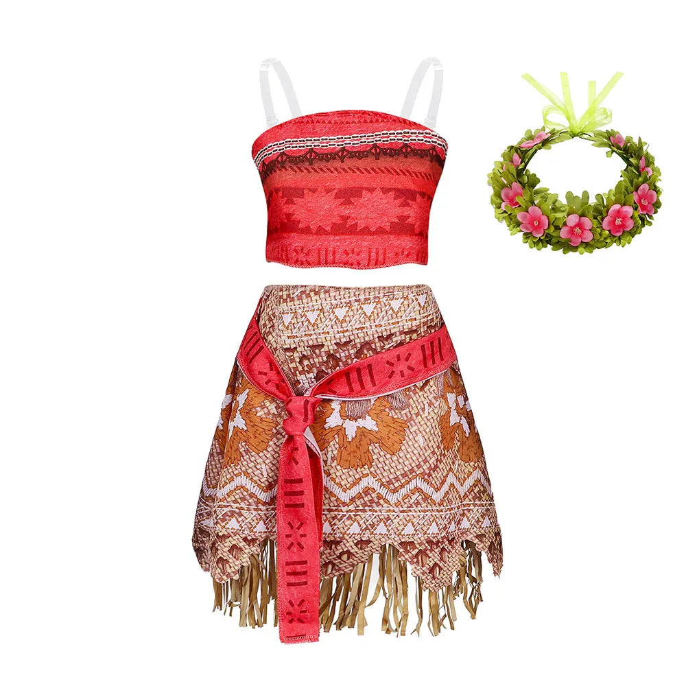 Girls two-piece costume: red bandeau top and brown patterned skirt with fringe and sash.