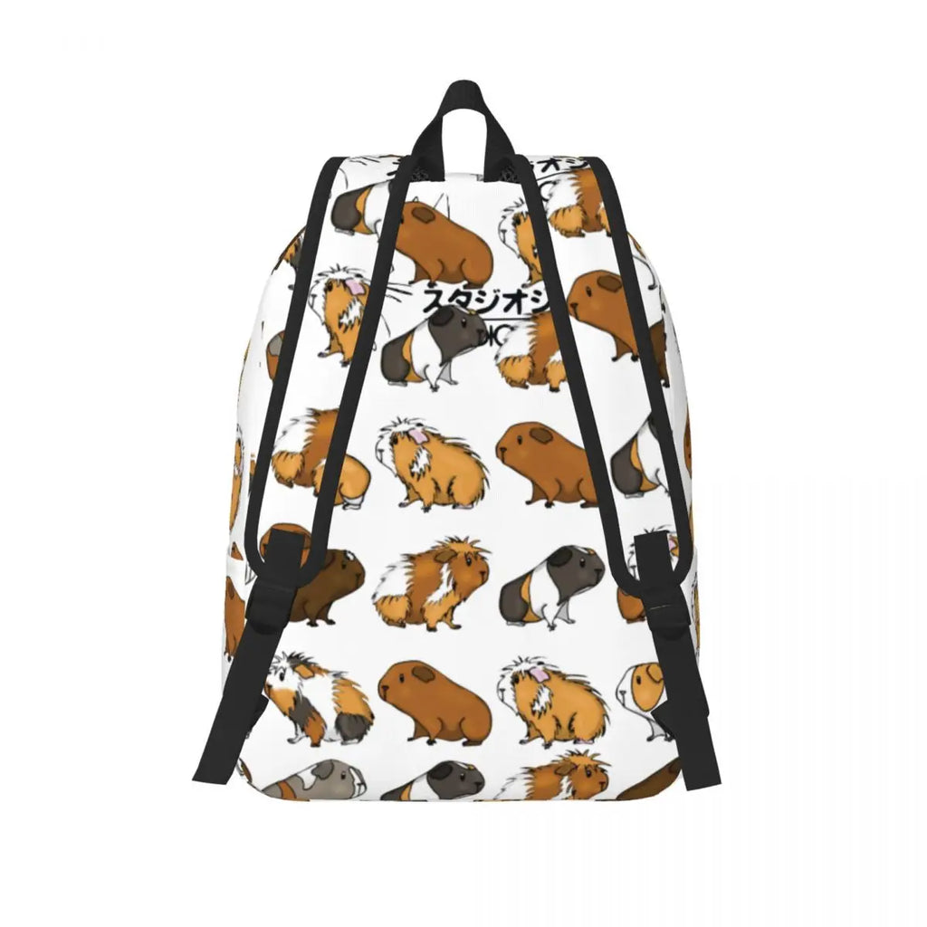 Guinea pig print backpack with black back straps and white top handle