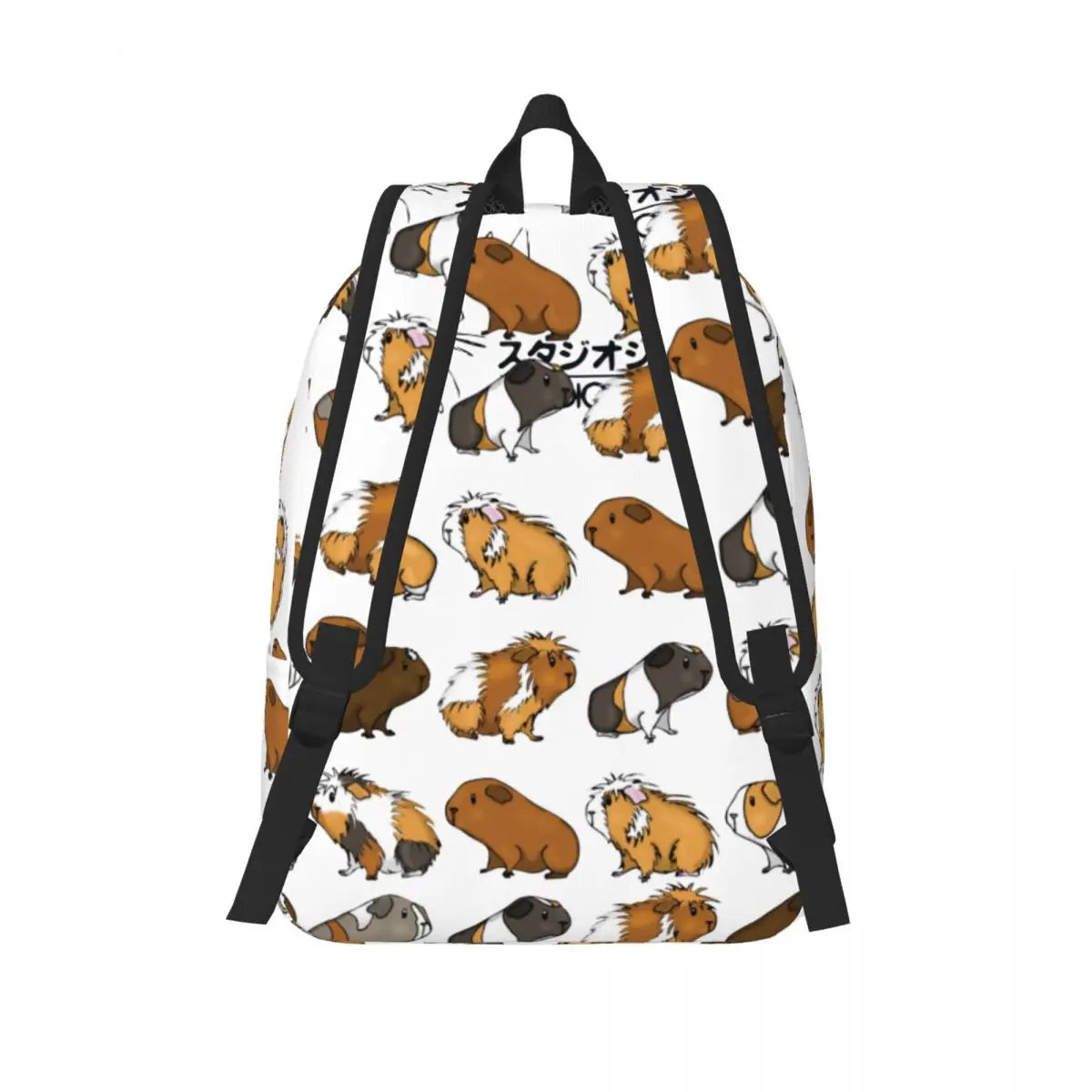Guinea pig print backpack with black back straps and white top handle