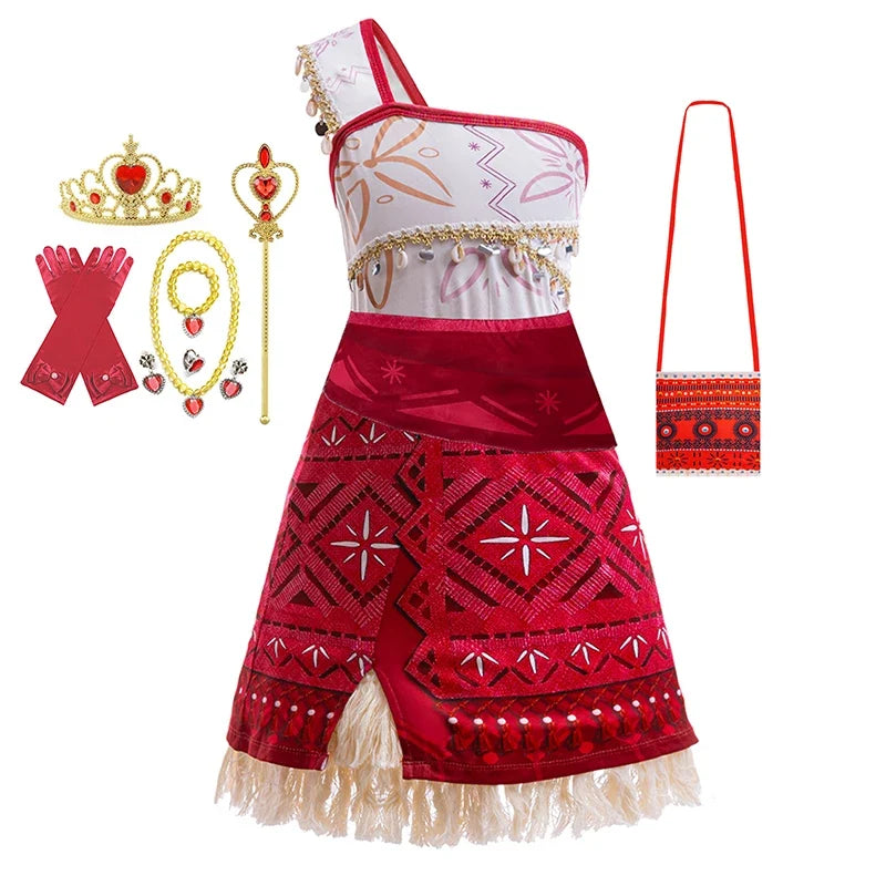 Red and white layered princess Halloween dress with patterned skirt and tulle-edged hem