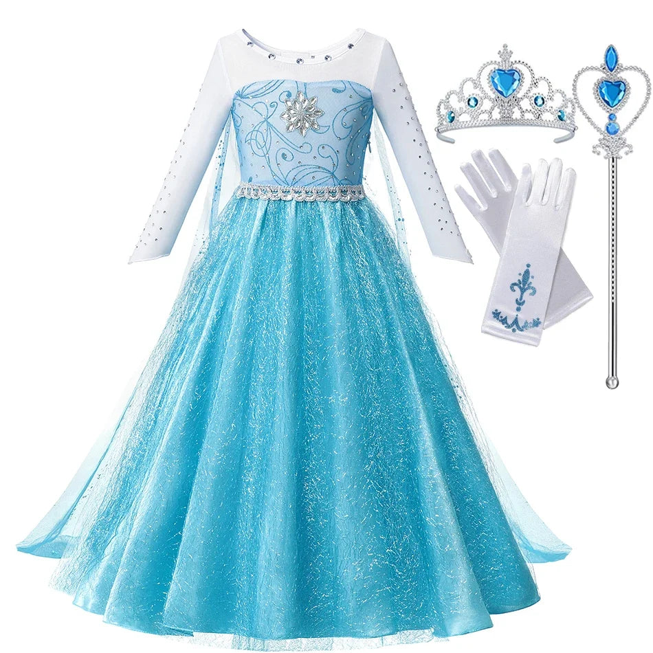 Ice Queen princess dress with white mesh long sleeves and sparkling light-blue tulle skirt