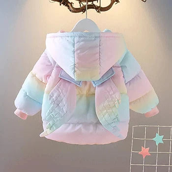 Kids' pastel unicorn hooded puffer jacket with quilted sleeves and snap cuffs