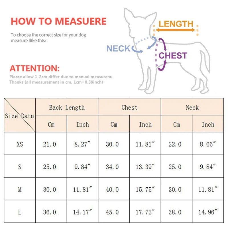 Dog t-shirt size measurement chart showing neck, chest, and back length