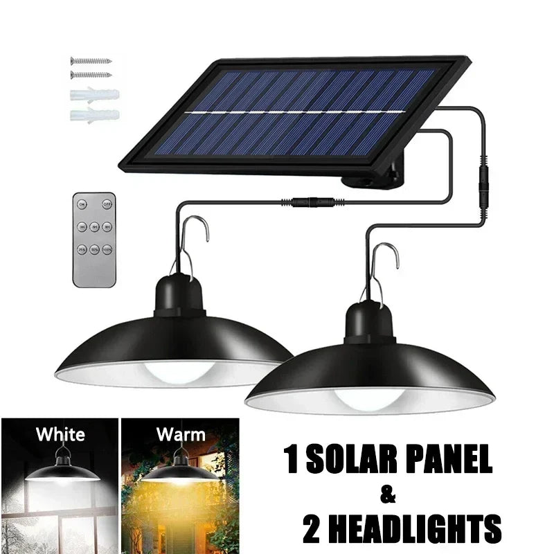Solar outdoor pendant light with solar panel and two hanging black lamp shades plus remote