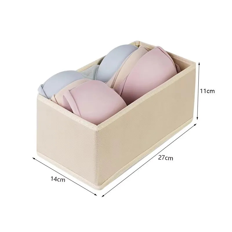 Beige fabric drawer organizer box with open-top compartments for underwear, socks, or bras