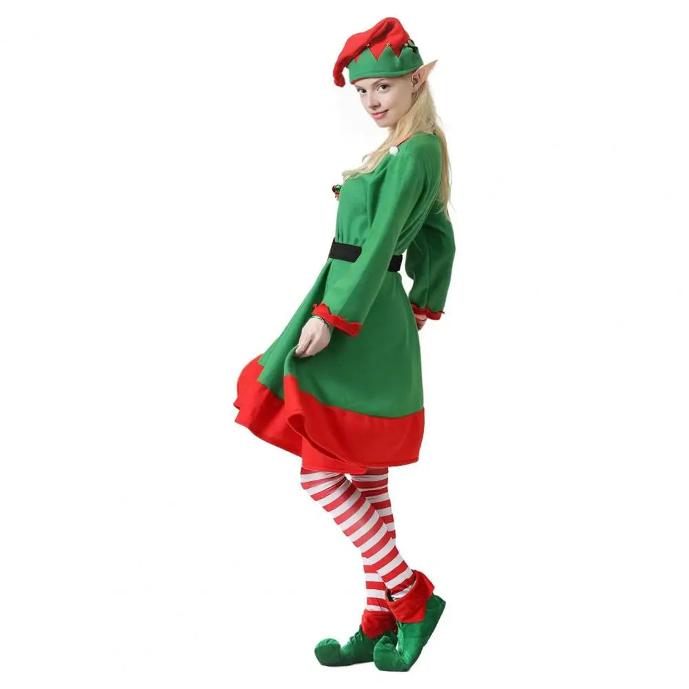 Women’s green elf costume dress with red trim, striped leggings, green hat and shoes