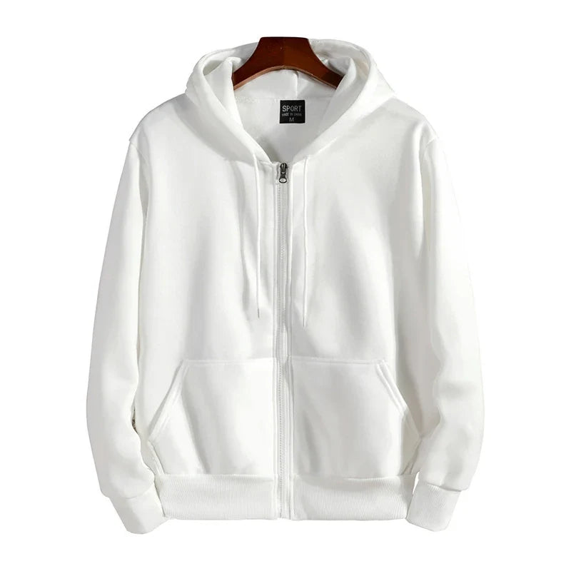 Mens white zip-up hoodie with hood, drawstrings, long sleeves, front pockets