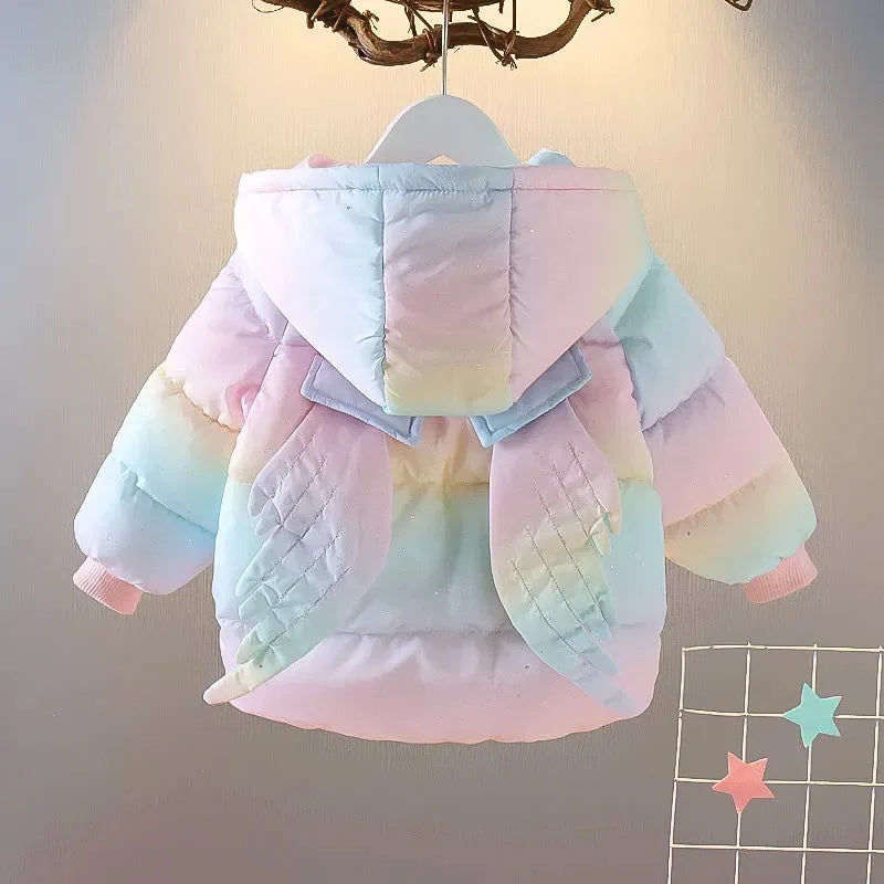 Kids' pastel unicorn hooded puffer jacket with layered pockets and ribbed cuffs