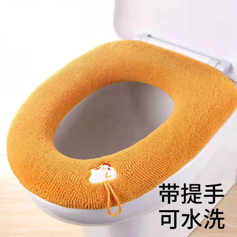 Toilet seat cover mat cushion, thick orange with handle loop and oval cutout
