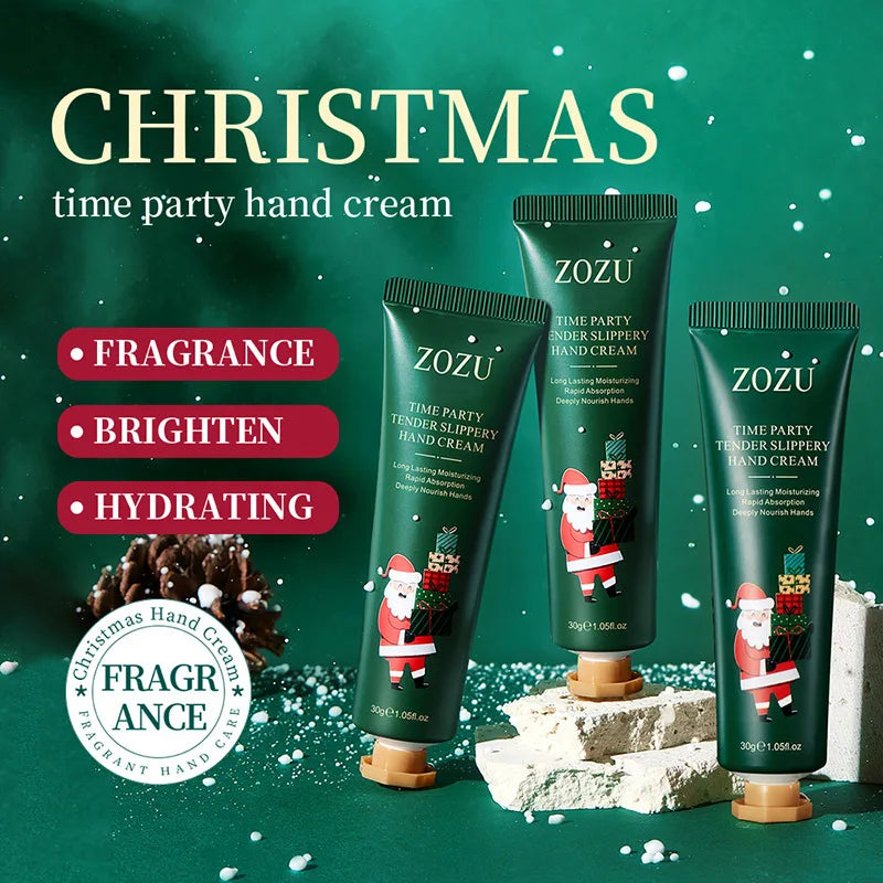 Christmas hand cream set with three festive tubes in green and red with holiday characters