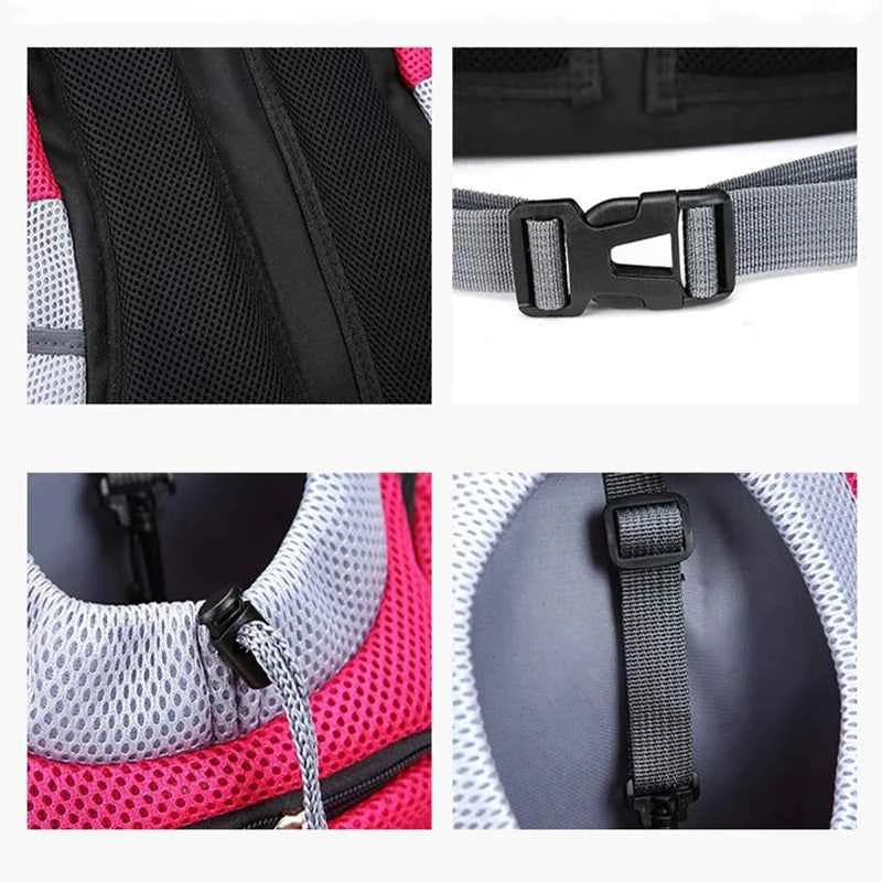 Breathable pet carrier backpack fabric detail with zippers and adjustable strap hardware