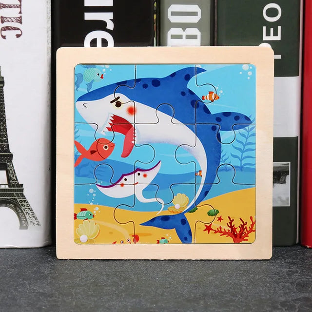 Wooden cartoon whale jigsaw puzzle with interlocking pieces in a square frame