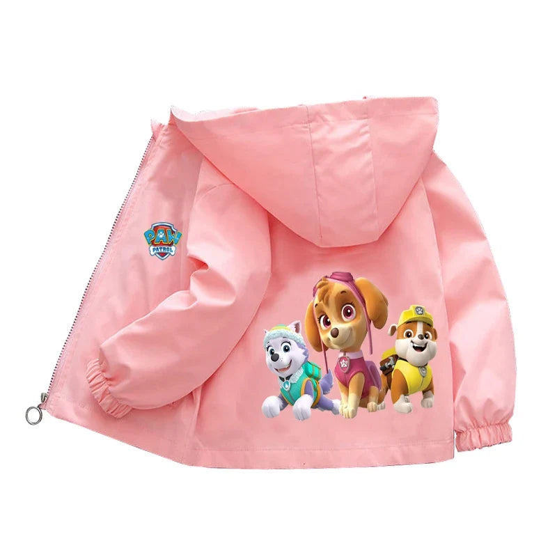 Pink kids zip hooded windbreaker jacket with Paw Patrol character graphic