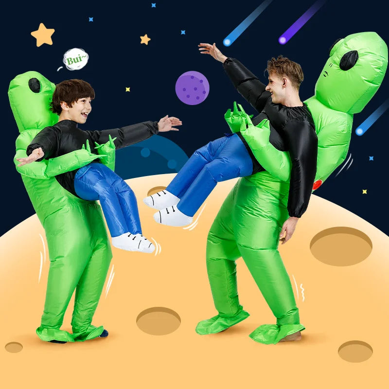Inflatable green alien cosplay suit with black head, eye detail, and blue pants.