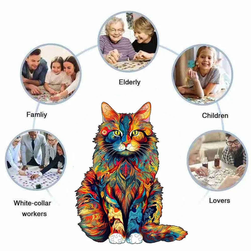 Colorful wooden cat jigsaw puzzle with multicolored artwork and scattered figure icons