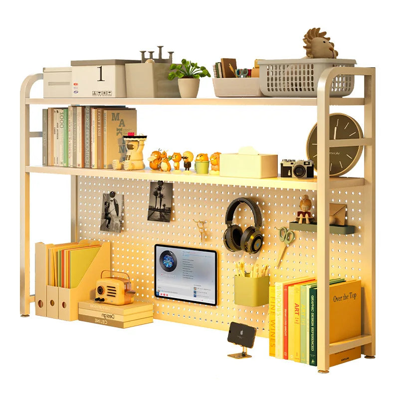White iron desk organizer with pegboard backing, side shelves, clock, and hanging hooks