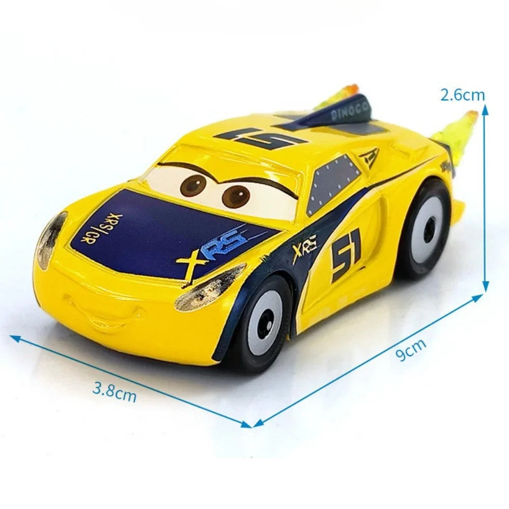 Yellow diecast racing car toy with large number 51 and black stripe, three-quarter view.