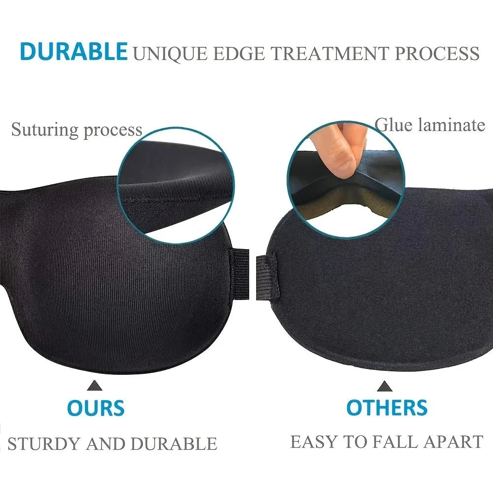 Black contoured sleep eye mask edge stitching detail with elastic strap