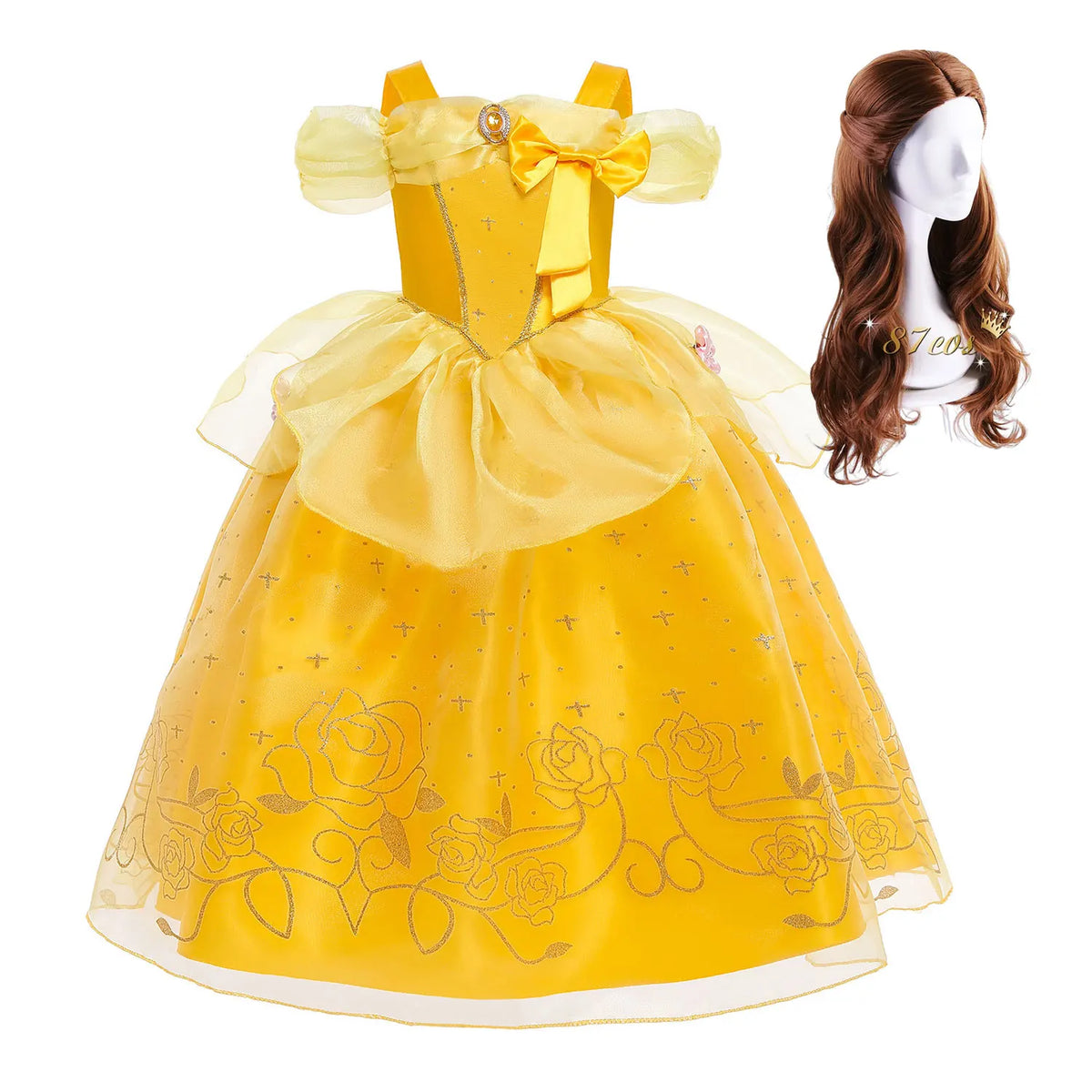 Kids yellow princess cosplay dress with off-shoulder tulle sleeves and embroidered skirt