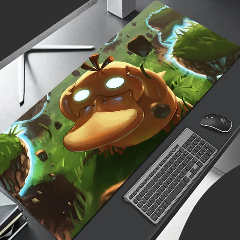 XXL gaming mouse pad featuring Psyduck cartoon portrait with green scenery art