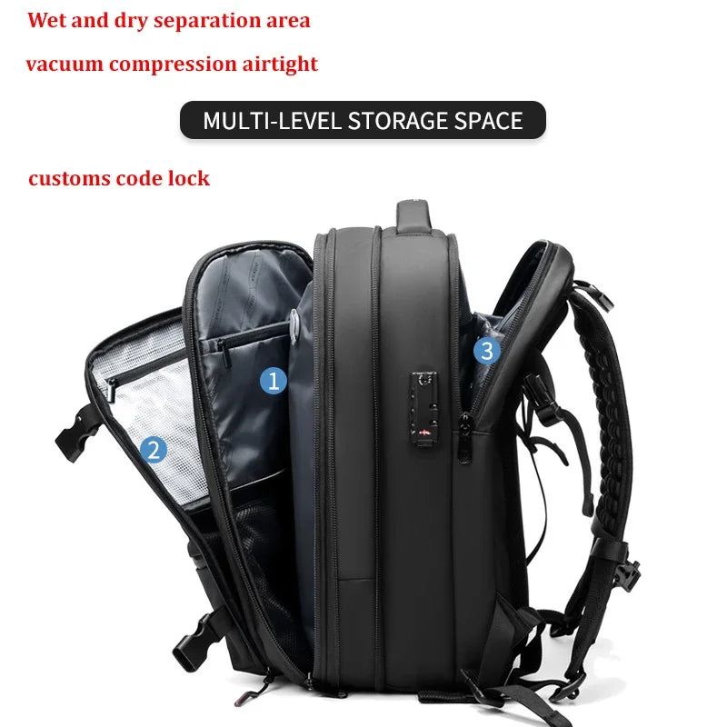 17-inch laptop backpack in dark grey with side-access compartments and zipper panels.
