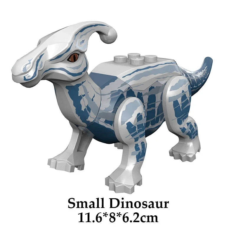 Small blue-camouflage dinosaur building block figure, standing side view