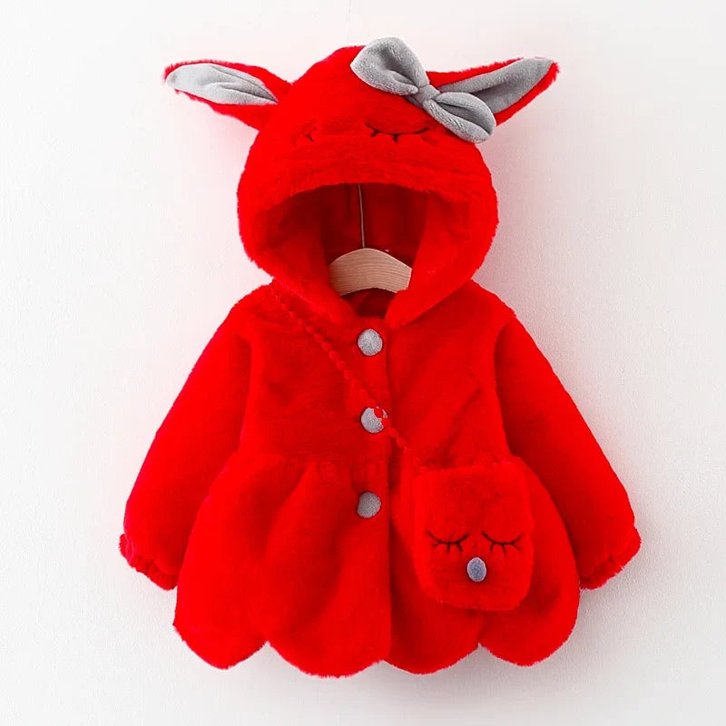 Red plush hooded baby coat with bunny ears and small paw-pocket detail