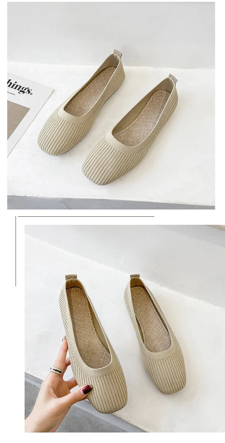 Women’s beige knitted slip-on flats with square toes, side and back views