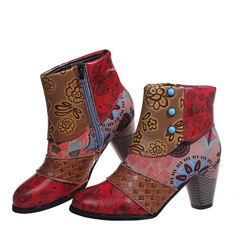 Women’s patchwork ankle boots with side zipper and stacked heel in red and tan designs