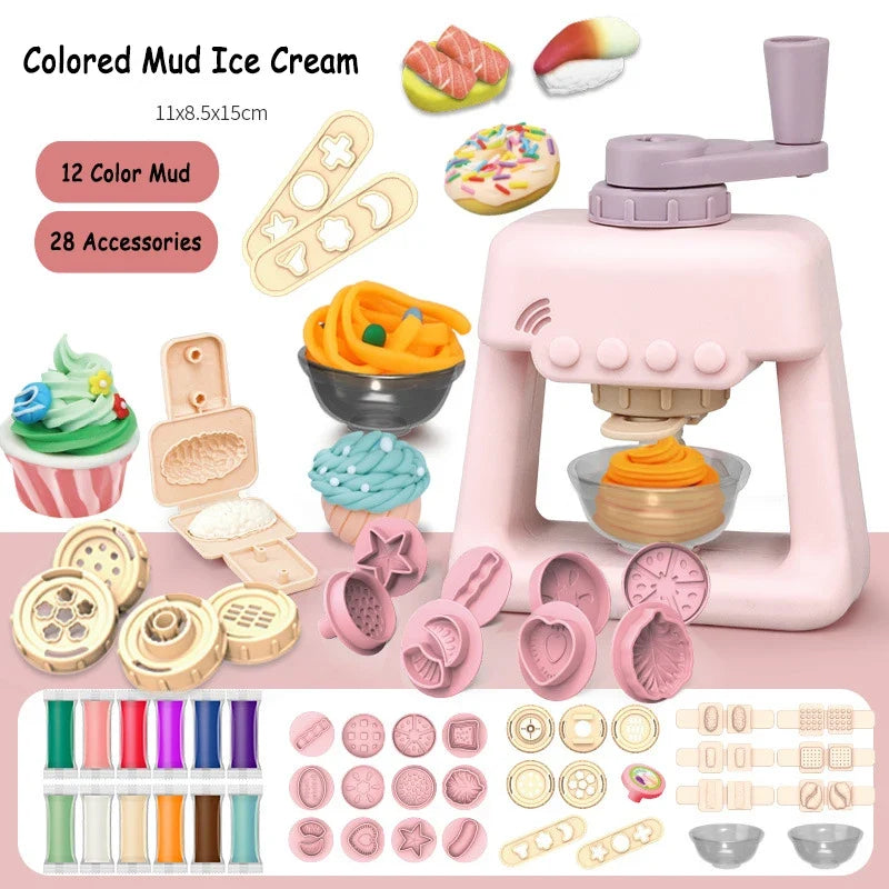 Pink clay noodle maker set with orange press disc and ice-cream mold accessories