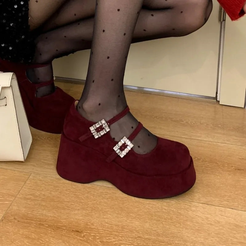 Wine red suede platform Mary Jane wedge shoes with square buckle strap detail