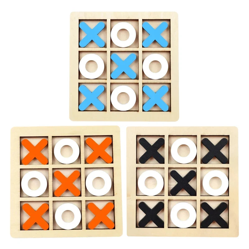 Wooden tic-tac-toe puzzle board set, blue/orange/black X with white O pieces