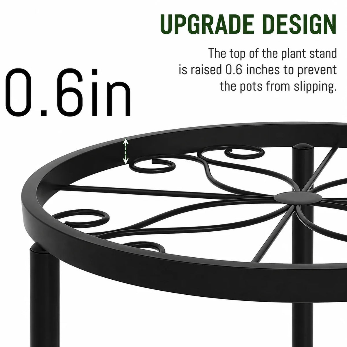 Black metal plant stand with raised rim and radial swirl detail