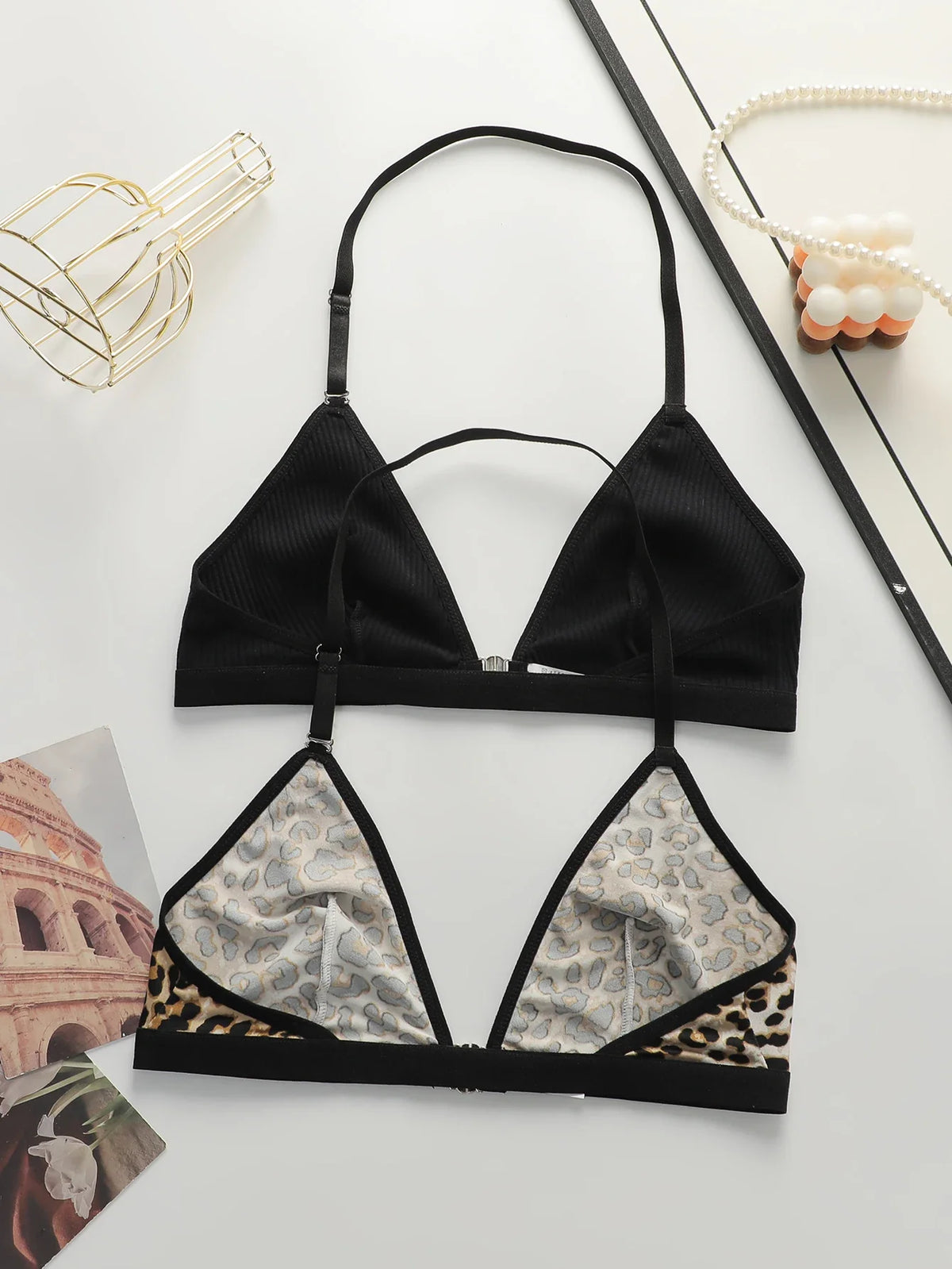 Leopard print and black triangle bra set, with adjustable straps and back clasp
