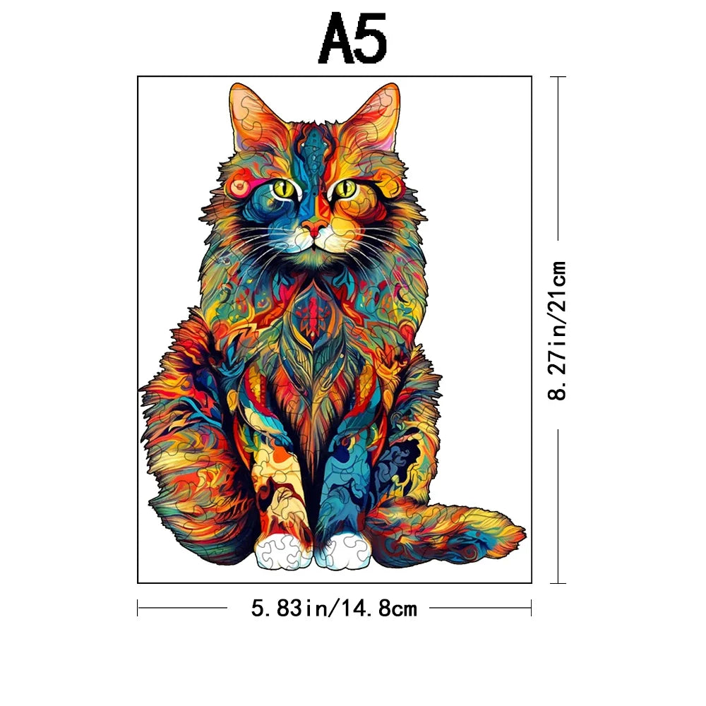 A5 wooden cat jigsaw puzzle size diagram with colorful cat artwork