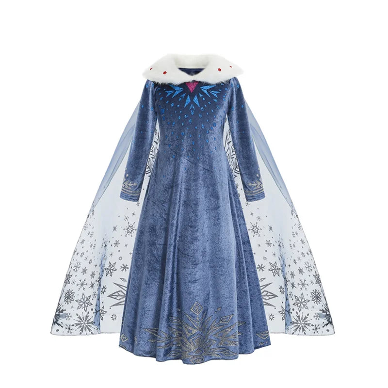 Girls long-sleeve princess dress, blue shimmer top with white snowflake skirt