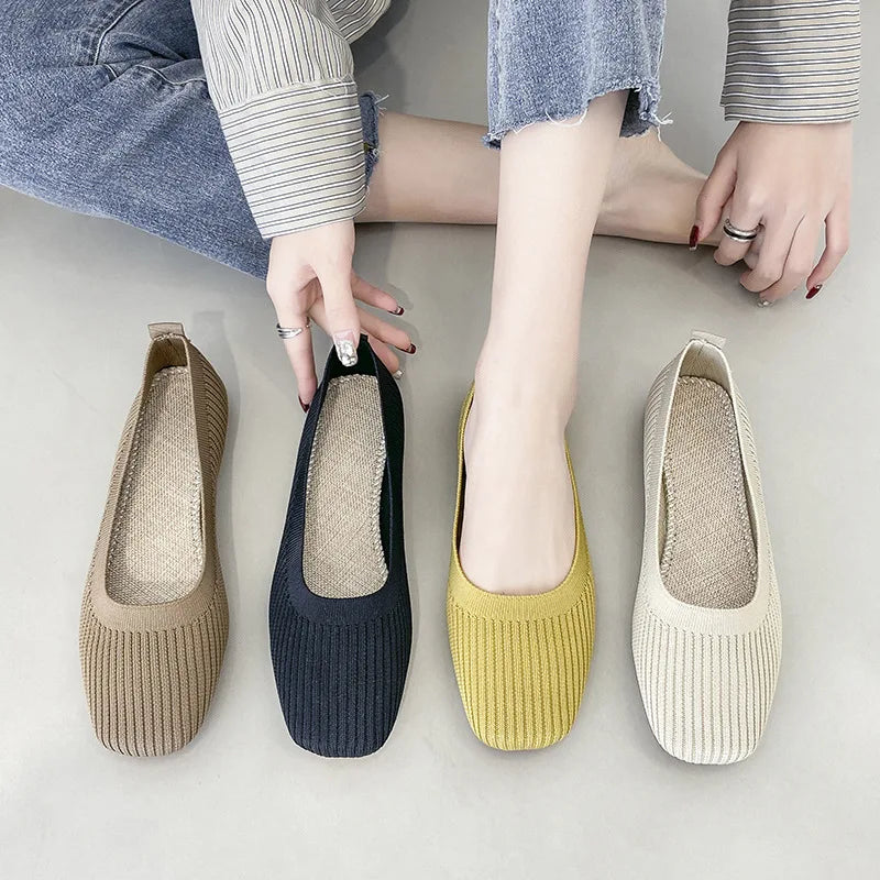 Women's knit square-toe slip-on flats set, beige, black, yellow, khaki