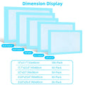Blue leakproof pee pad size chart with dimensions and pack counts (100/50/40/20)