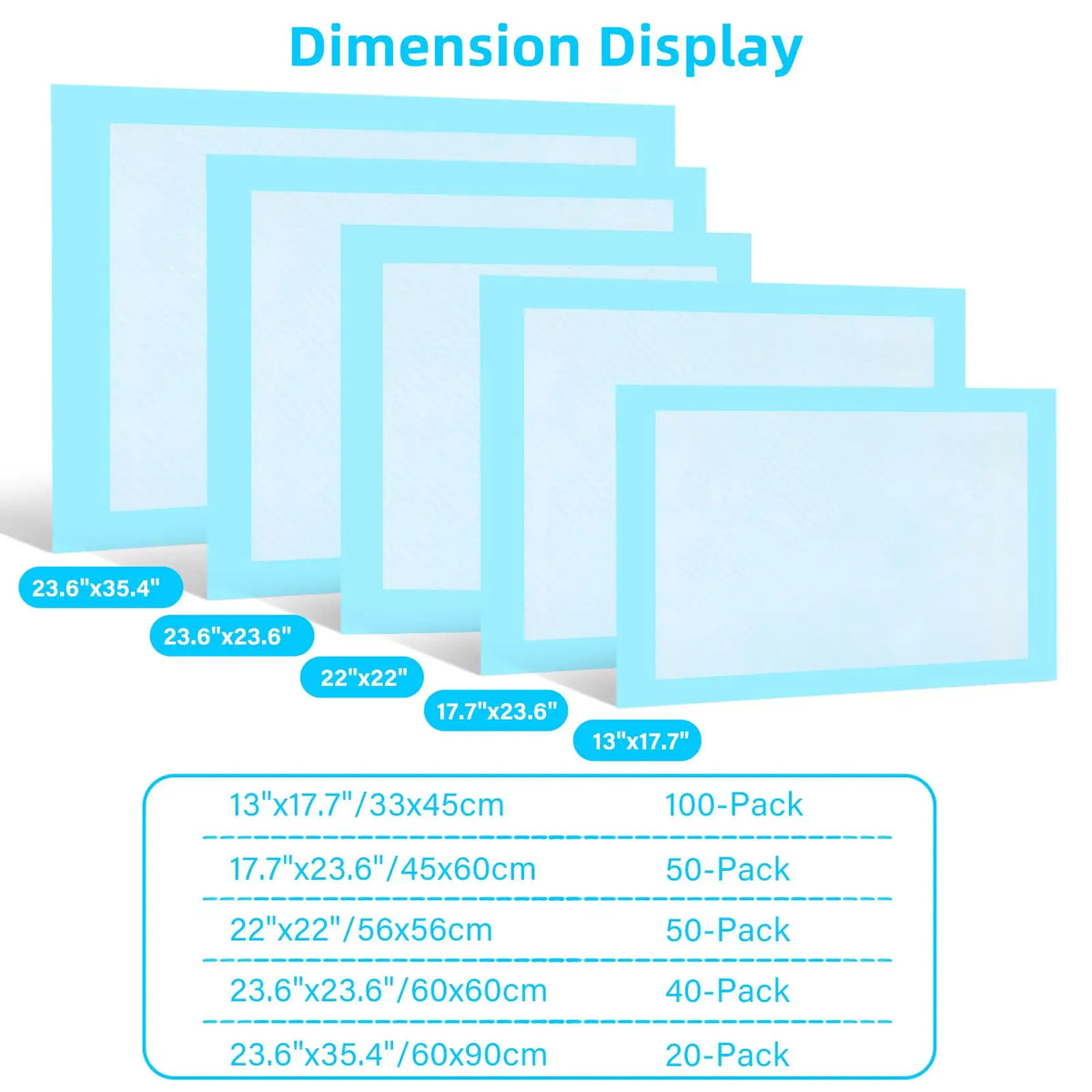 Blue leakproof pee pad size chart with dimensions and pack counts (100/50/40/20)