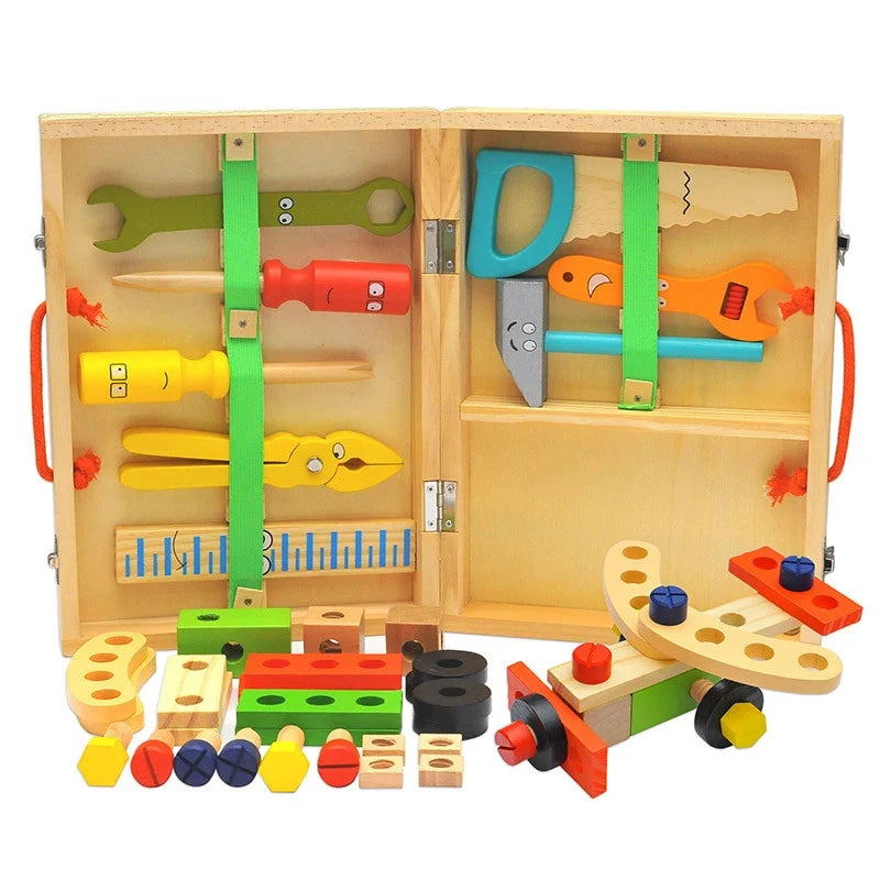Kids wooden toolbox set, open case displaying saw, hammer, wrenches, and measuring pieces