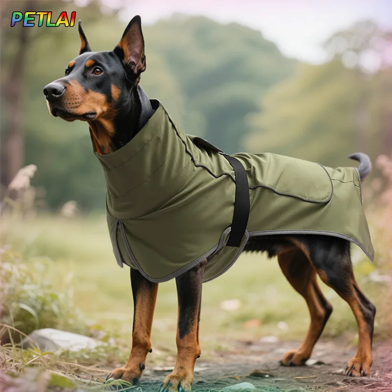Green waterproof dog rain jacket with hood, front pockets, and adjustable straps
